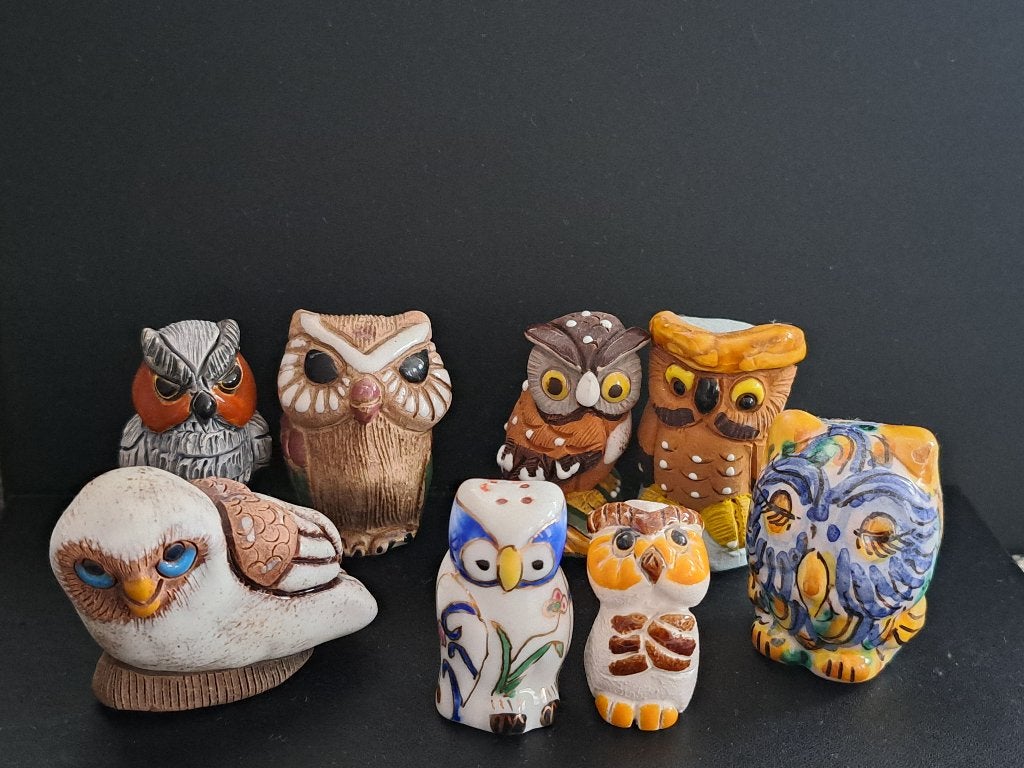 Verzameling van 8 uilen beeldjes - diverse materialen, Ophalen of Verzenden, Gebruikt, Dier
