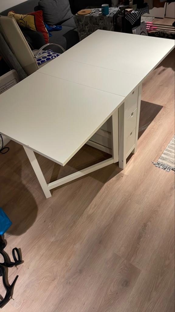 IKEA NORDEN witte klaptafel met lades, Zo goed als nieuw, 150 tot 200 cm, Vier personen, Rechthoekig