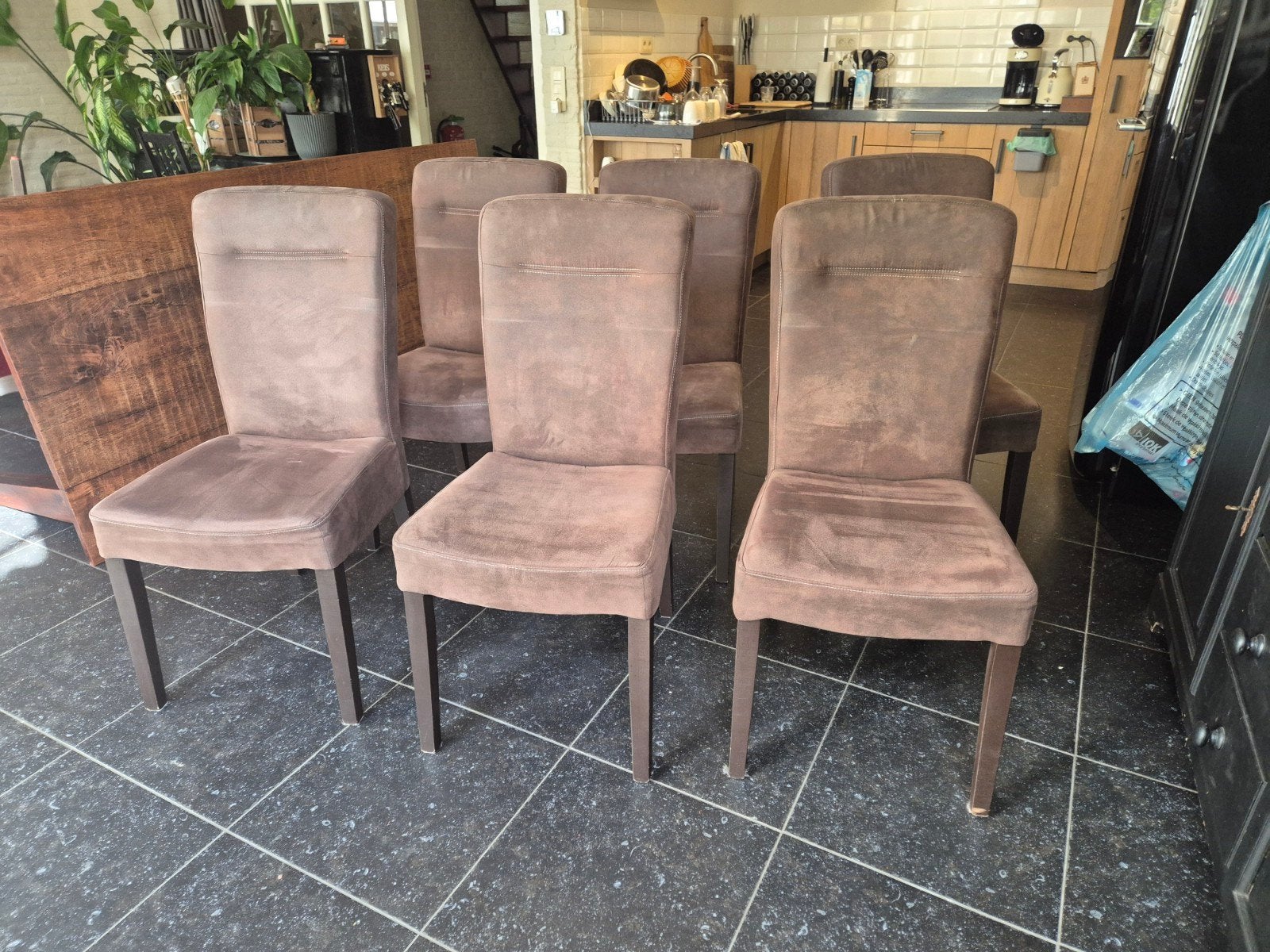 Set van 6 bruine eetkamerstoelen, Huis en Inrichting, Ophalen, Gebruikt, Bruin, Stof