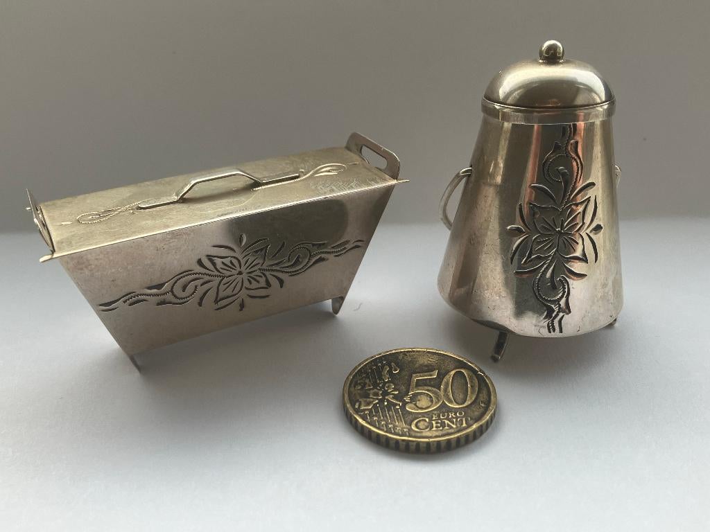 Zilveren miniatuur turfbak en doofpot, H. Looren de Jong, Verzenden, Zilver