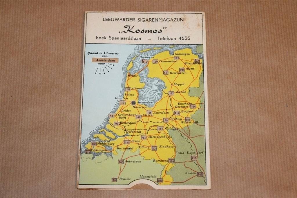 Afstandenkaart Leeuwarder Sigarenmagazijn Kosmos 1940, Ophalen of Verzenden, Zo goed als nieuw, Reclamebord