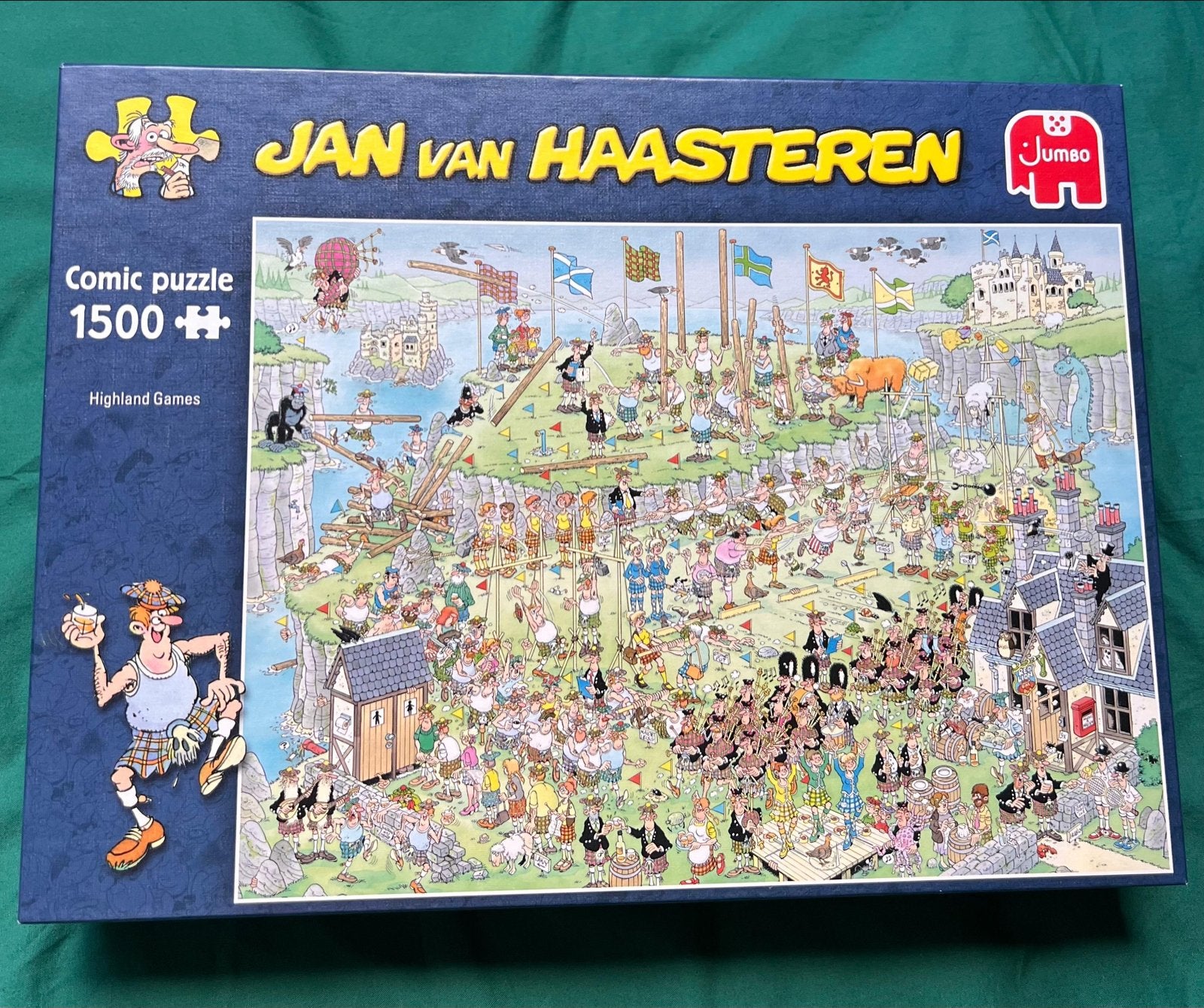 Jan van Haasteren 2x 1500 stukjes: Highland Games & Tropisch, Ophalen of Verzenden, 500 t/m 1500 stukjes, Gebruikt, Legpuzzel