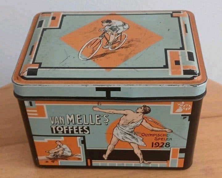 Vintage Van Melle's Toffees blik Olympische Spelen 1928, Ophalen of Verzenden, Gebruikt, Overige, Overige merken