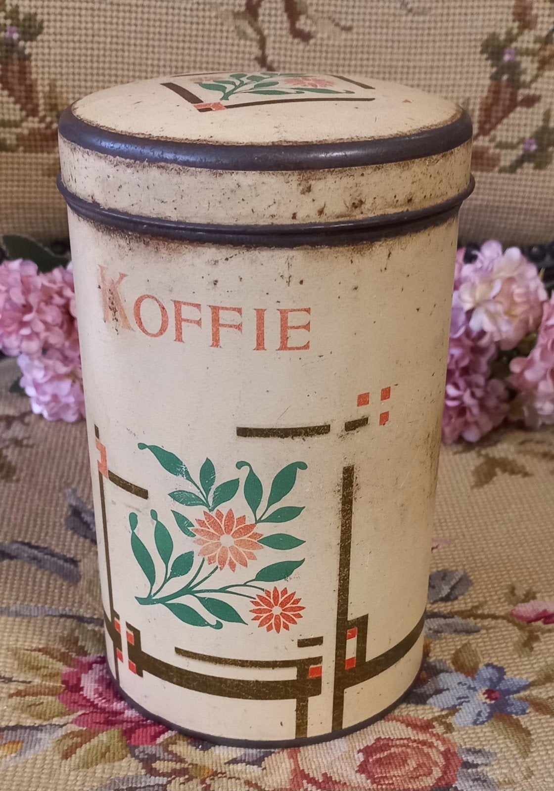 Oud brocant koffieblik/bus, roze/groene bloem, goud, Ophalen of Verzenden, Gebruikt, Overige