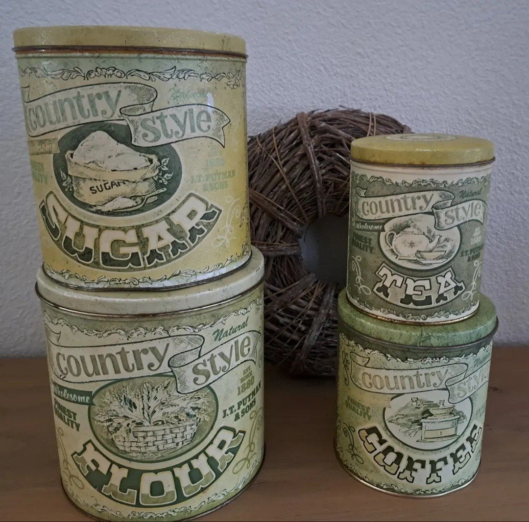 4 Vintage Country Style Blikken koffie thee suiker bloem '70, Ophalen of Verzenden, Gebruikt