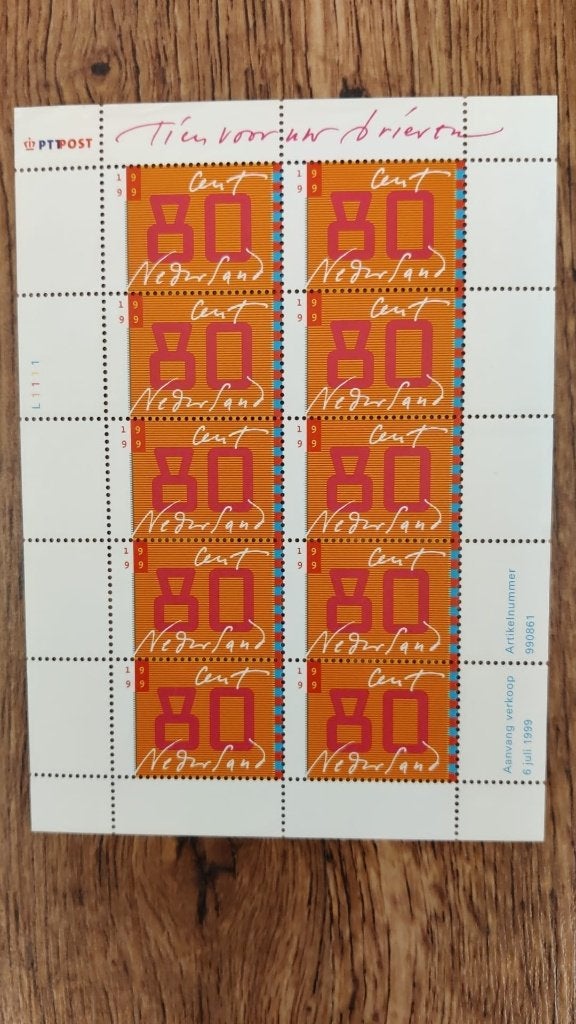 Nederland 1999 - NVPH V1837 - Velletje 10x 80cent - Postfris, Ophalen of Verzenden, Na 1940, Postfris