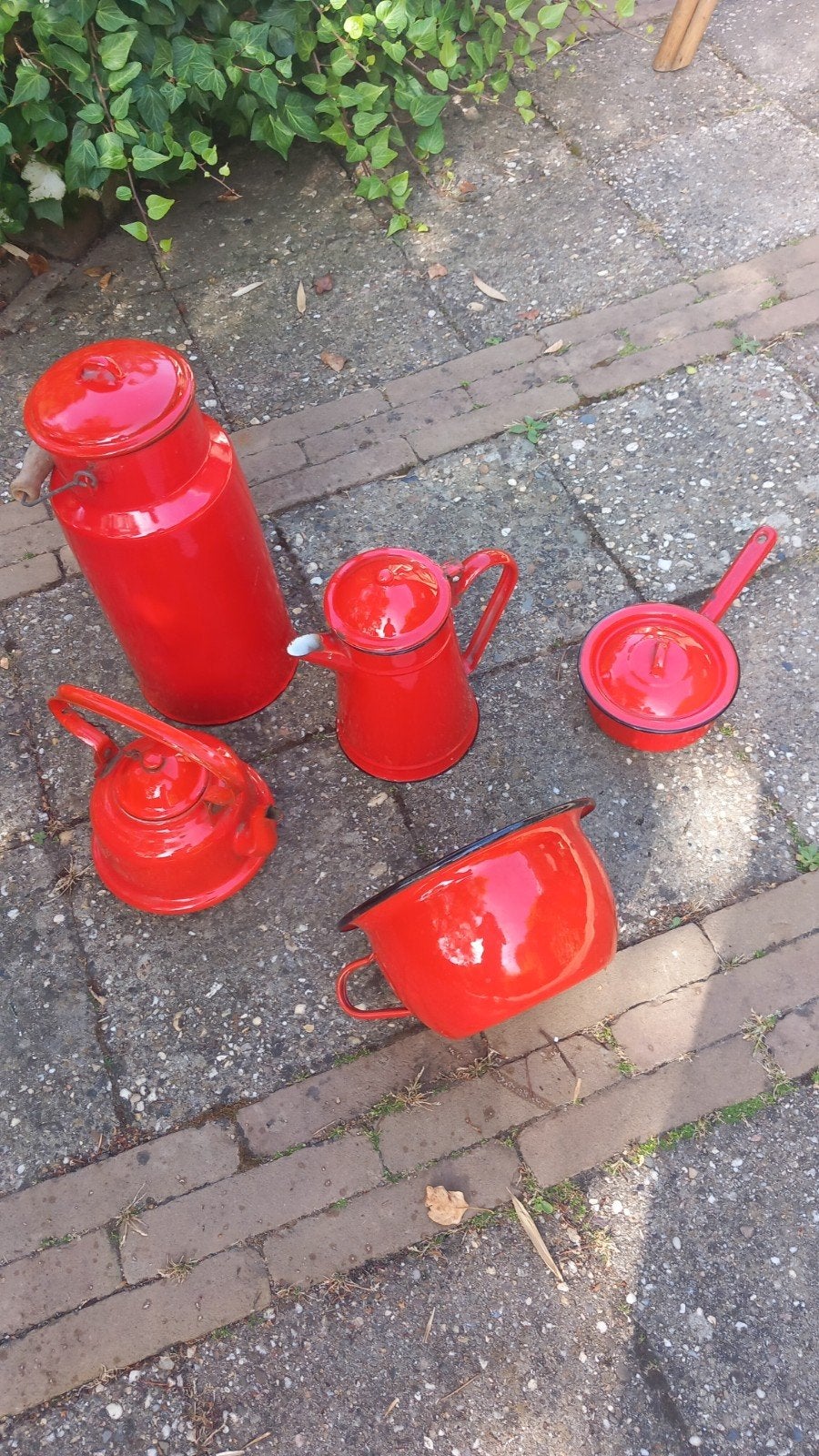 Ouderwetse Oranje Emaille Keukenset - Melkbus, Theepot, etc., Antiek en Kunst, Antiek | Emaille, Ophalen of Verzenden