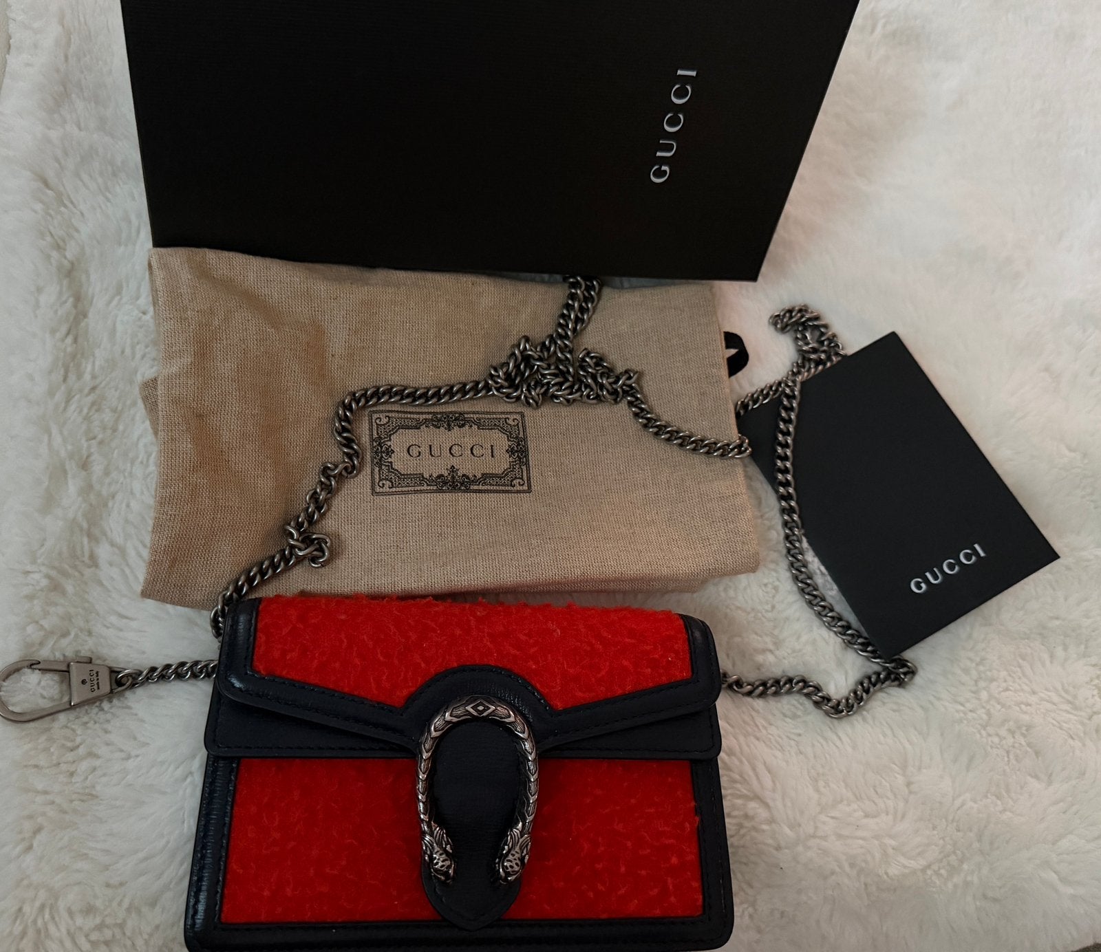 Gucci Super Mini Dionysus Tas - Rood Oranje/NavyBlauw/Zilver, Ophalen, Zo goed als nieuw, Rood, Avondtasje