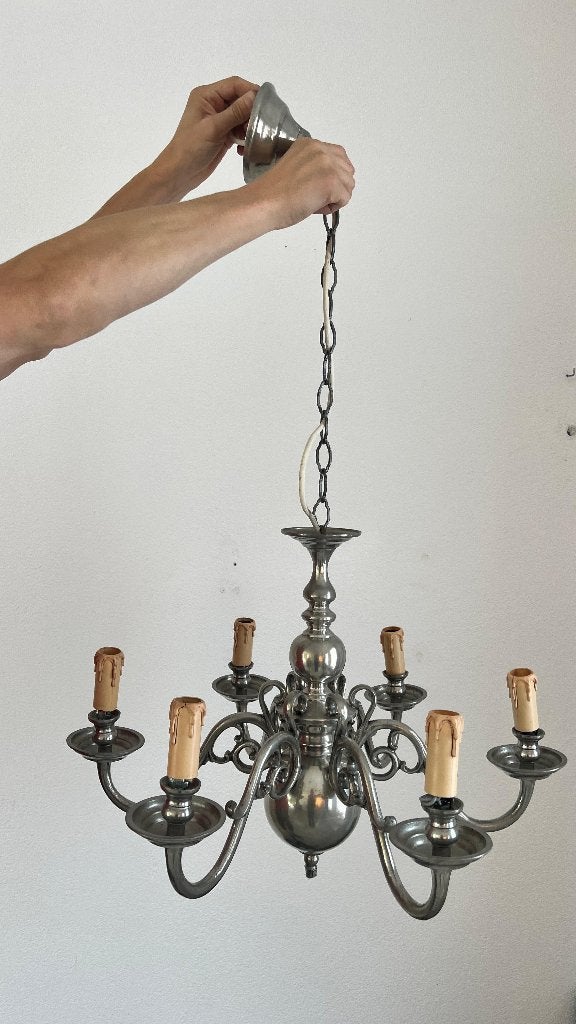 Van Gestel tinnen lampenset – kroonluchter + 2 wandlampen, Ophalen, Gebruikt, Barok, E14 (klein)