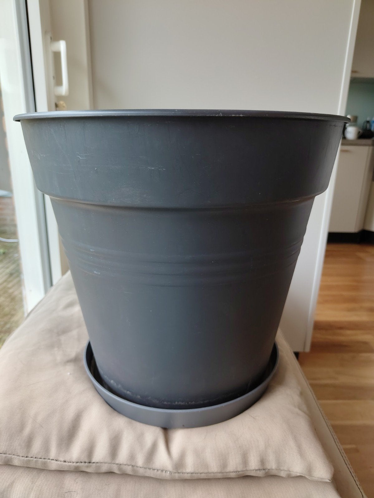 Grote Elho bloempot met schotel - Grijs, Ø 40 cm, Ophalen, Kunststof, Gebruikt, 40 cm of meer