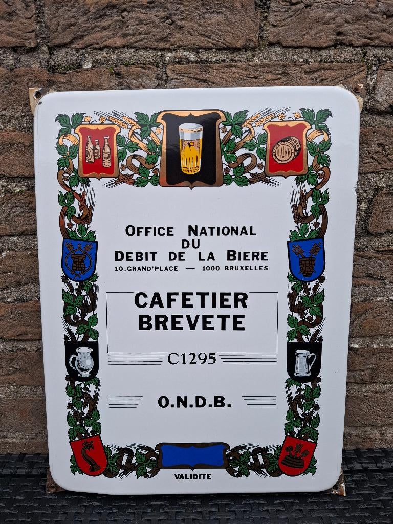 Origineel emaillebord brevet cafetier (emaillerie belge), Verzamelen, Biermerken, Nieuw, Reclamebord, Plaat of Schild, Overige merken