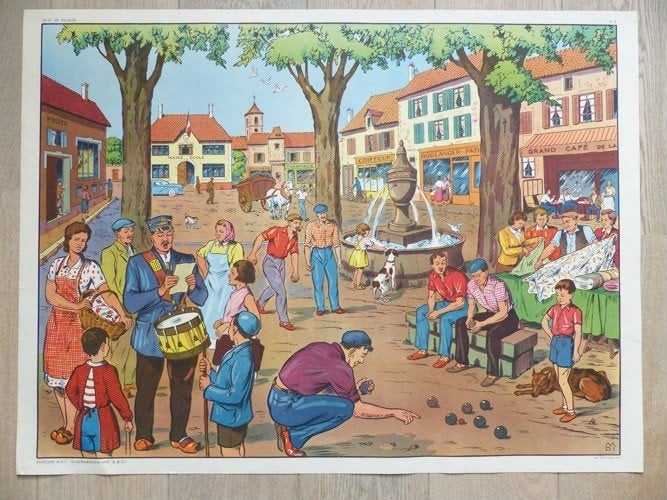 Originele Franse Schoolplaat M.D.I. - Tankstation & Dorp, Ophalen of Verzenden, Zo goed als nieuw, Overige onderwerpen