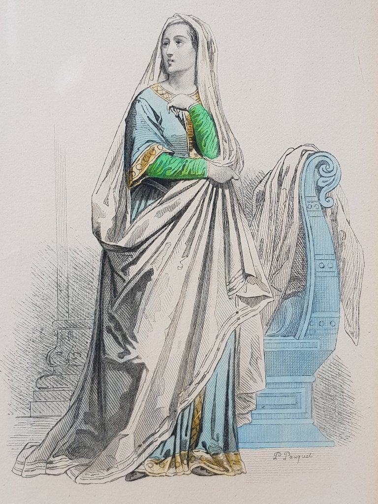 Edelvrouw mooie antieke ingelijste gravure uit Frankrijk., 1800 - 1899, Portret, Met tekst, Ophalen of Verzenden