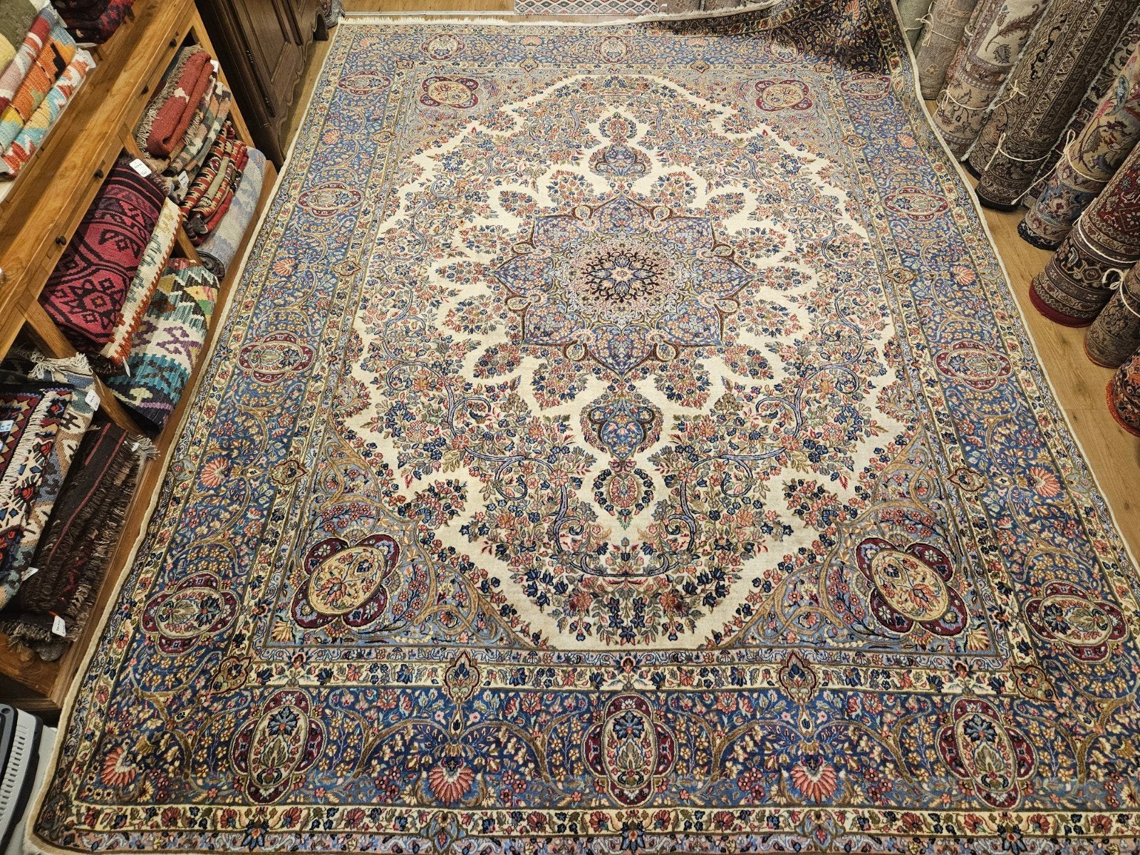 Vintage handgeknoopt perzisch tapijt kirman 400x293, Tweedehands, Perzisch, 200 cm of meer, Ophalen of Verzenden