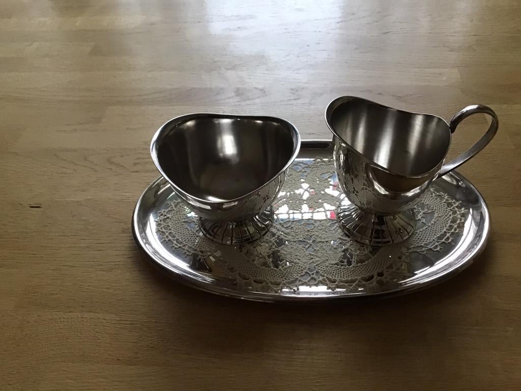 Vintage D.E Verzilverd Roomstelletje suiker melk dienblaadje, Antiek en Kunst, Antiek | Goud en Zilver, Ophalen of Verzenden, Zilver