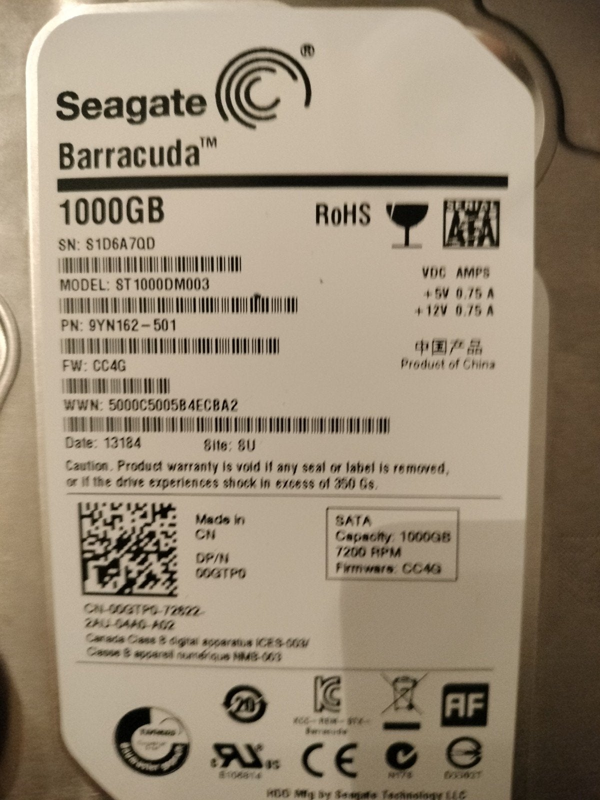 Seagate Barracuda 1TB (1000GB) Interne HDD - 7200 RPM, Computers en Software, Ophalen, Intern, Gebruikt, 1000GB (1TB)