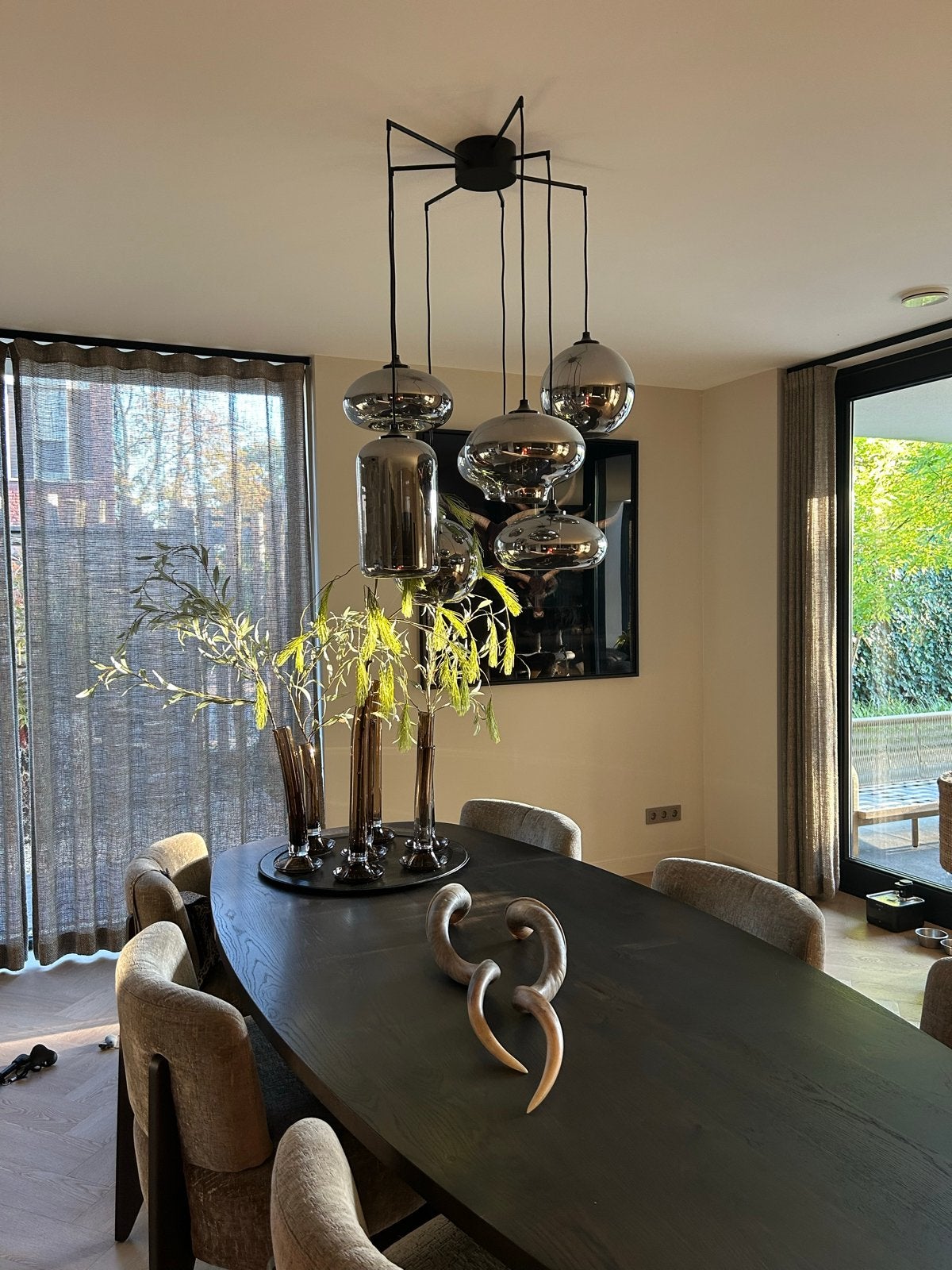 By Eve hanglamp - Modern design met 7 rookglazen kappen, Ophalen, Zo goed als nieuw, Glas, E27 (groot)