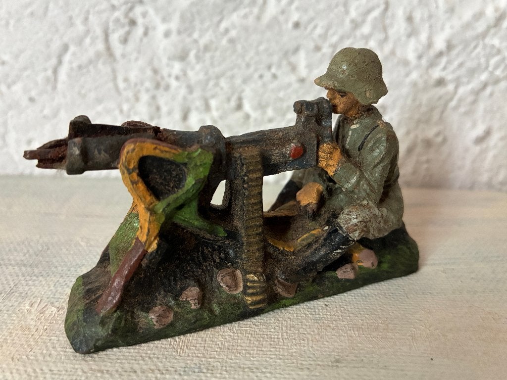 Vintage antiek Elastolin soldaat met een machinegeweer, Ophalen of Verzenden