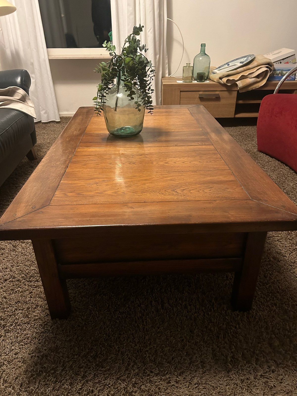 Robuuste houten salontafel met lade, Ophalen, Gebruikt, 100 tot 150 cm, 50 tot 100 cm
