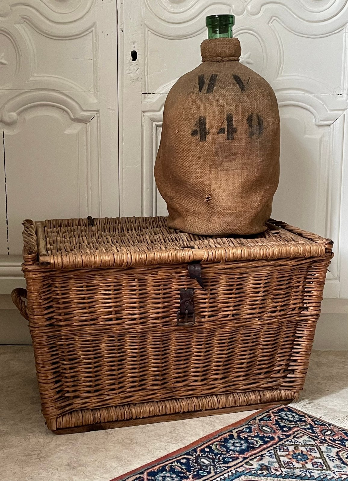 Brocante oude grote rieten mand / koffer met deksel, Ophalen of Verzenden