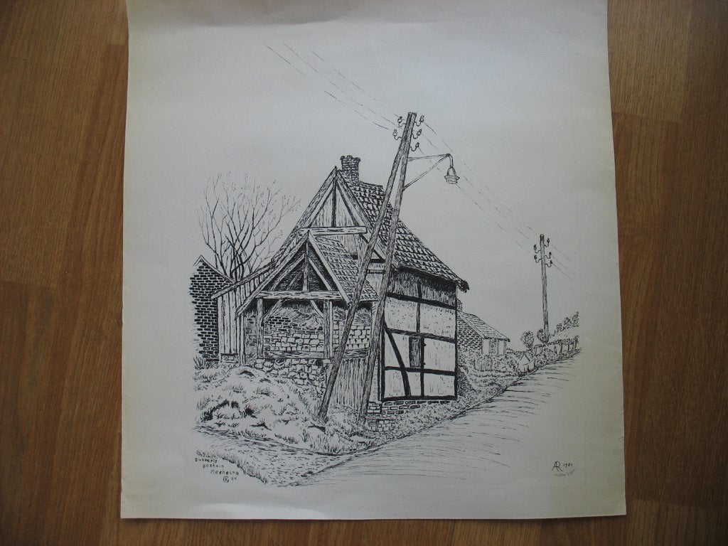 Tekening Grote Prent Mechelen Zwart Tinten AR 84, Ophalen of Verzenden