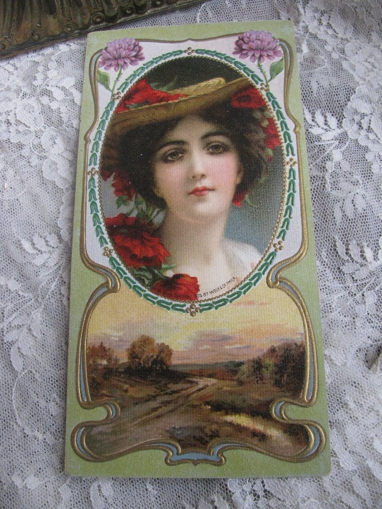 Antieke Art Nouveau Kaart - Dame / Landschap / Klaprozen, Verzamelen, Ansichtkaarten | Themakaarten, Verzenden, Voor 1920, Overige thema's
