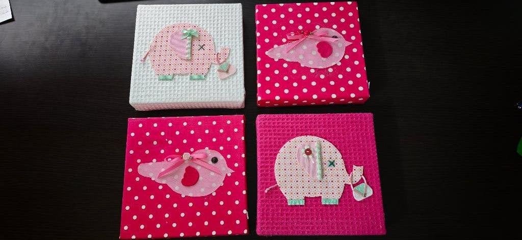 Schilderijtjes kinderkamer - set 4st wit-roze, Ophalen of Verzenden, Zo goed als nieuw, Wanddecoratie, Ophangbaar