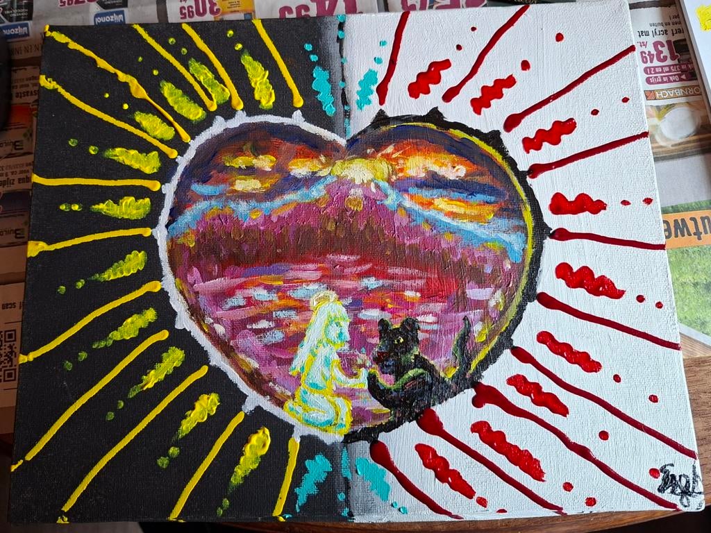 Mens en Panter Hart Jesart Schilderij 25x30 cm, Ophalen of Verzenden