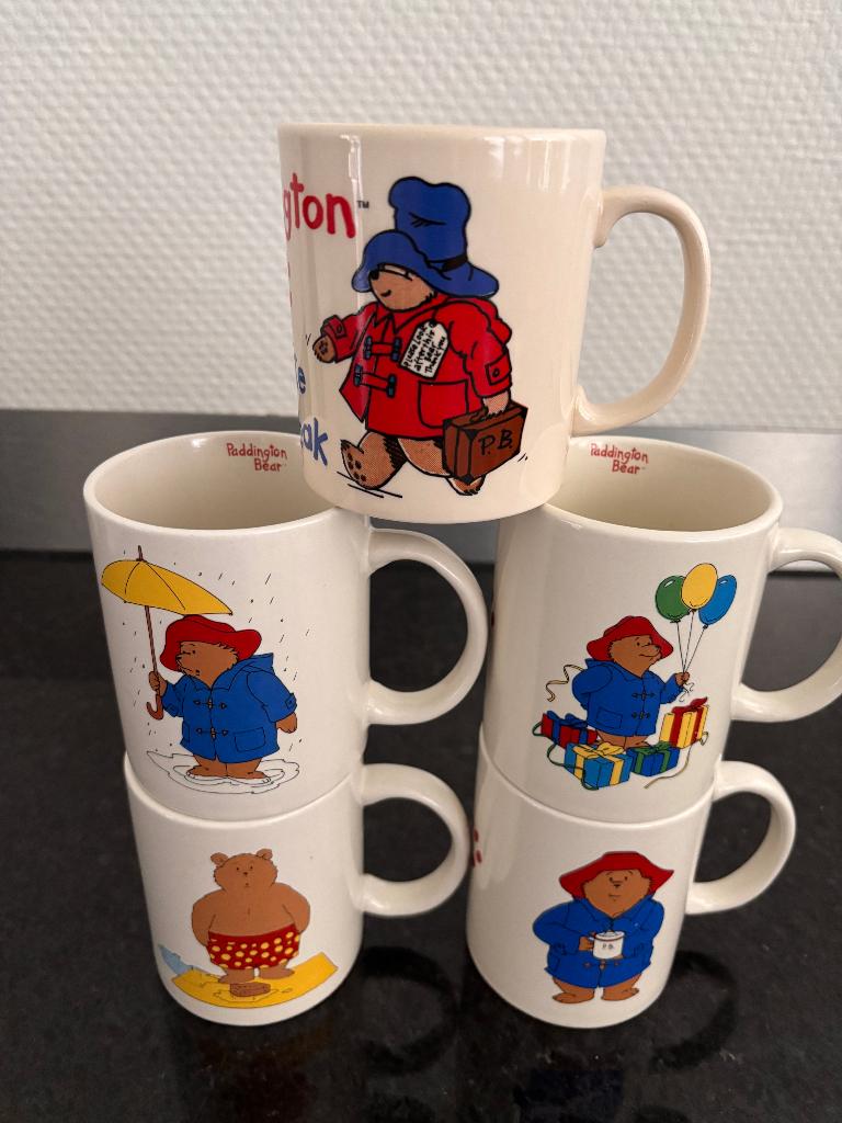 Vintage Douwe Egberts Paddington Beer mokken, set van 5., Huis en Inrichting, Keuken | Servies, Overige typen, Ophalen of Verzenden