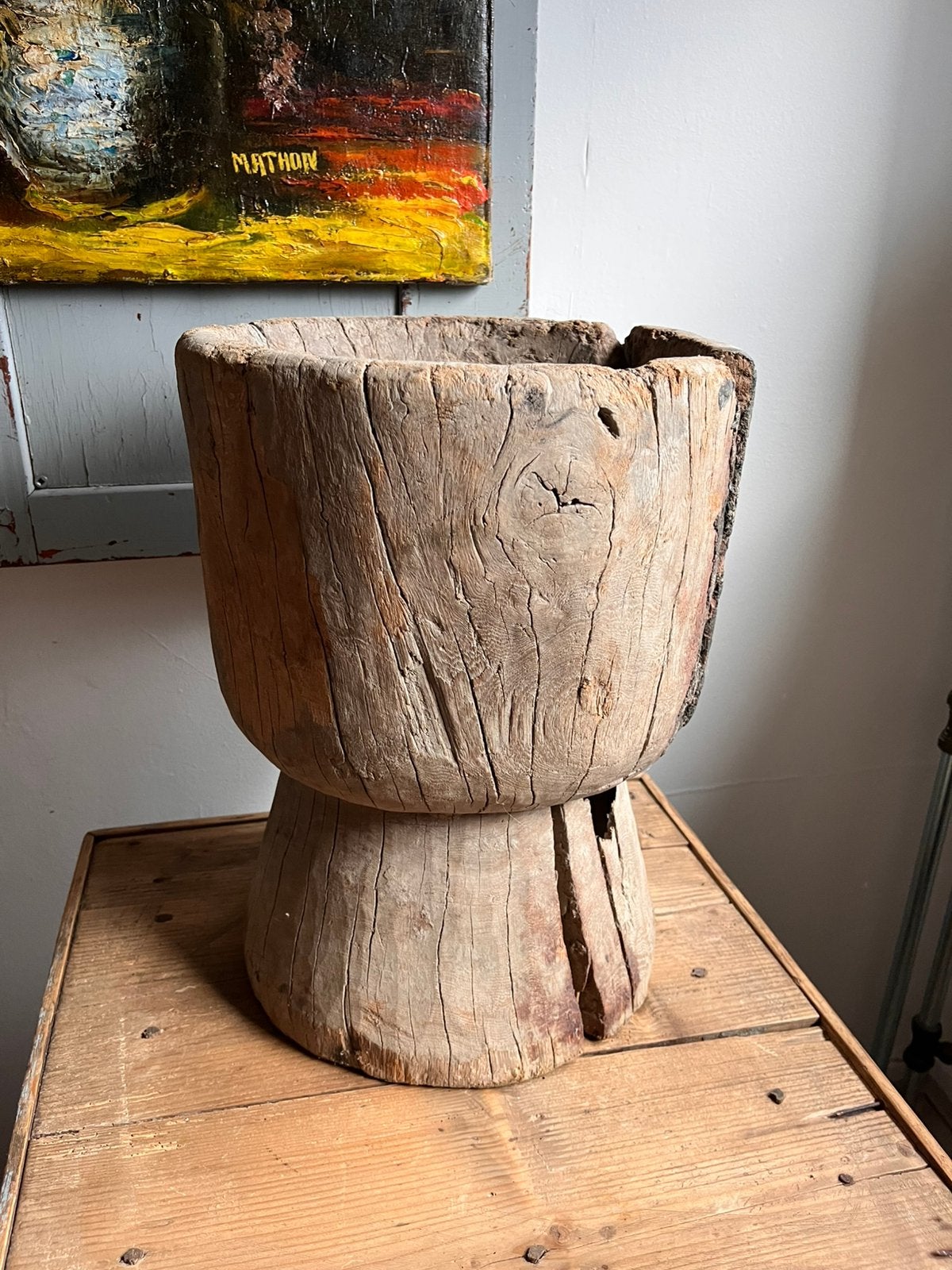 Grote oude houten vijzel **het geruite roosje**, Ophalen of Verzenden