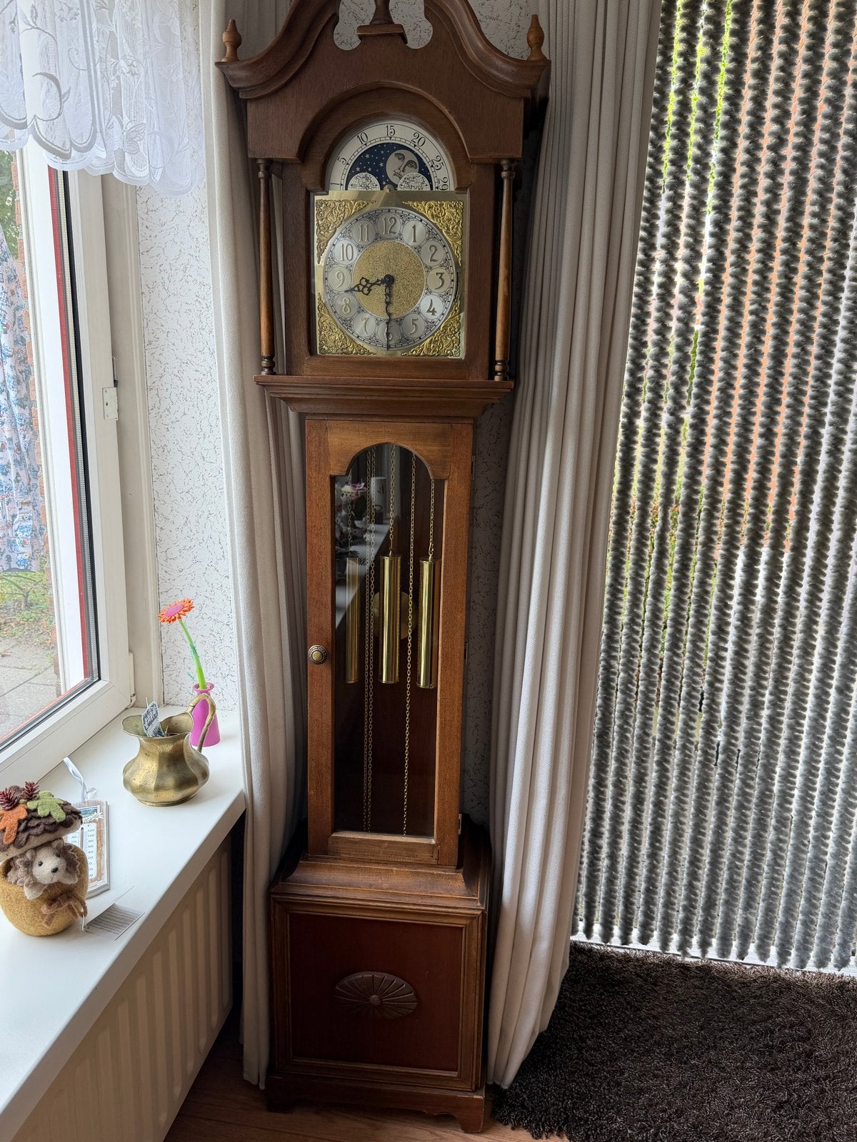 staande klok met maanfase en slagwerk, Klassiek, Bruin, Analoog, Ophalen of Verzenden