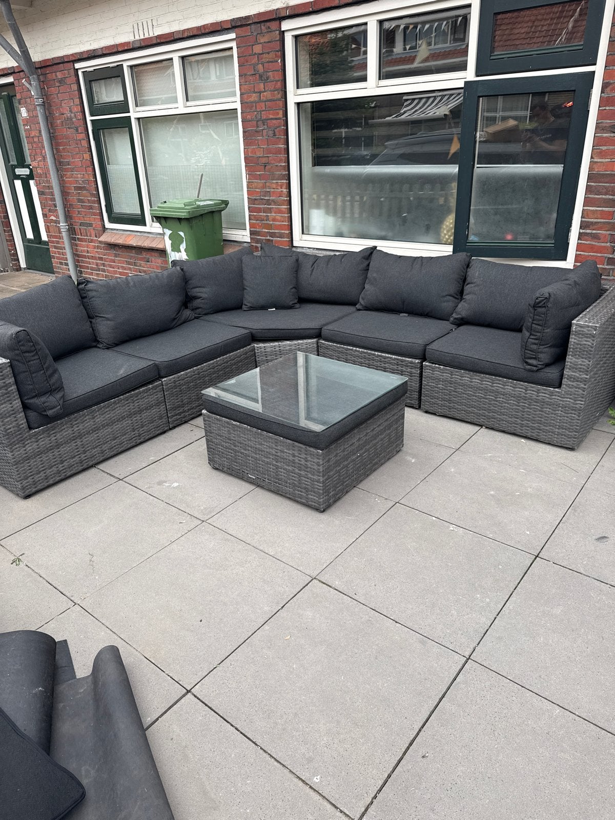 Ruime loungeset 220x220 met glazen tafel moet weg, Tuin en Terras, Tuinsets en Loungesets, Ophalen, Gebruikt, Meer dan 8 zitplaatsen