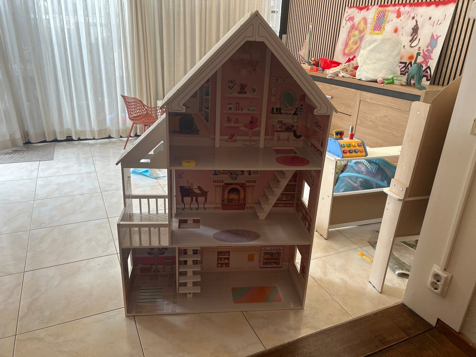 Groot houten poppenhuis met 3 verdiepingen, Ophalen, Gebruikt, Poppenhuis
