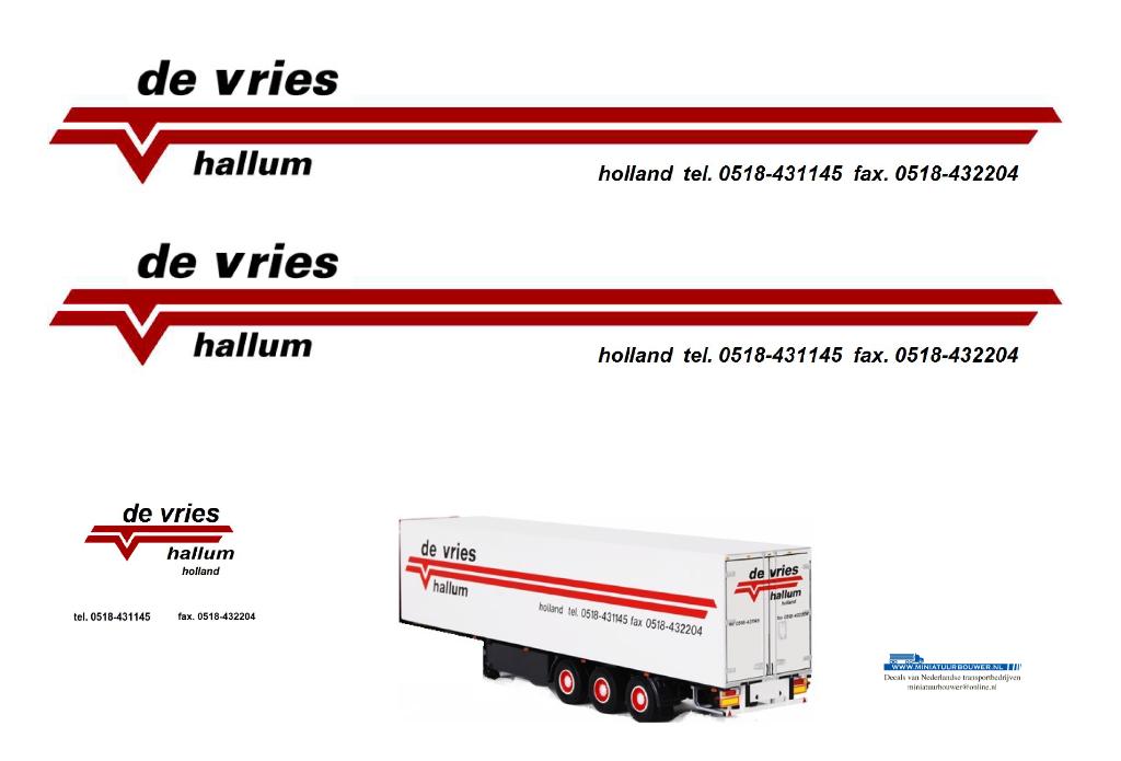 Vrachtauto decal 1:50 De Vries transport Hallum, Hobby en Vrije tijd, Modelauto's | 1:50, Verzenden, Nieuw, Bus of Vrachtwagen