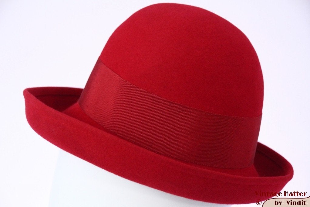 Vintage Dameshoed Fassbender rood vilt 55 = S tot XS, 55 cm (S, 6⅞ inch) of minder, Hoed, Ophalen of Verzenden, Gedragen
