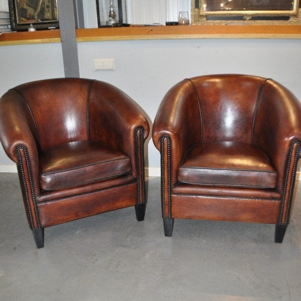 Set schapenleren clubfauteuils Lounge Atelier, Ophalen, Gebruikt, 75 tot 100 cm, Leer