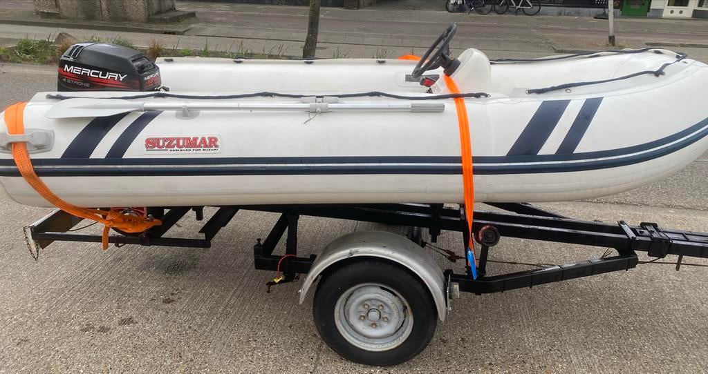 Rib rubberboot Suzumar polyster 9.9 pk 4t mercury en trailer, Zo goed als nieuw, Benzine, Minder dan 70 pk, Overige materialen
