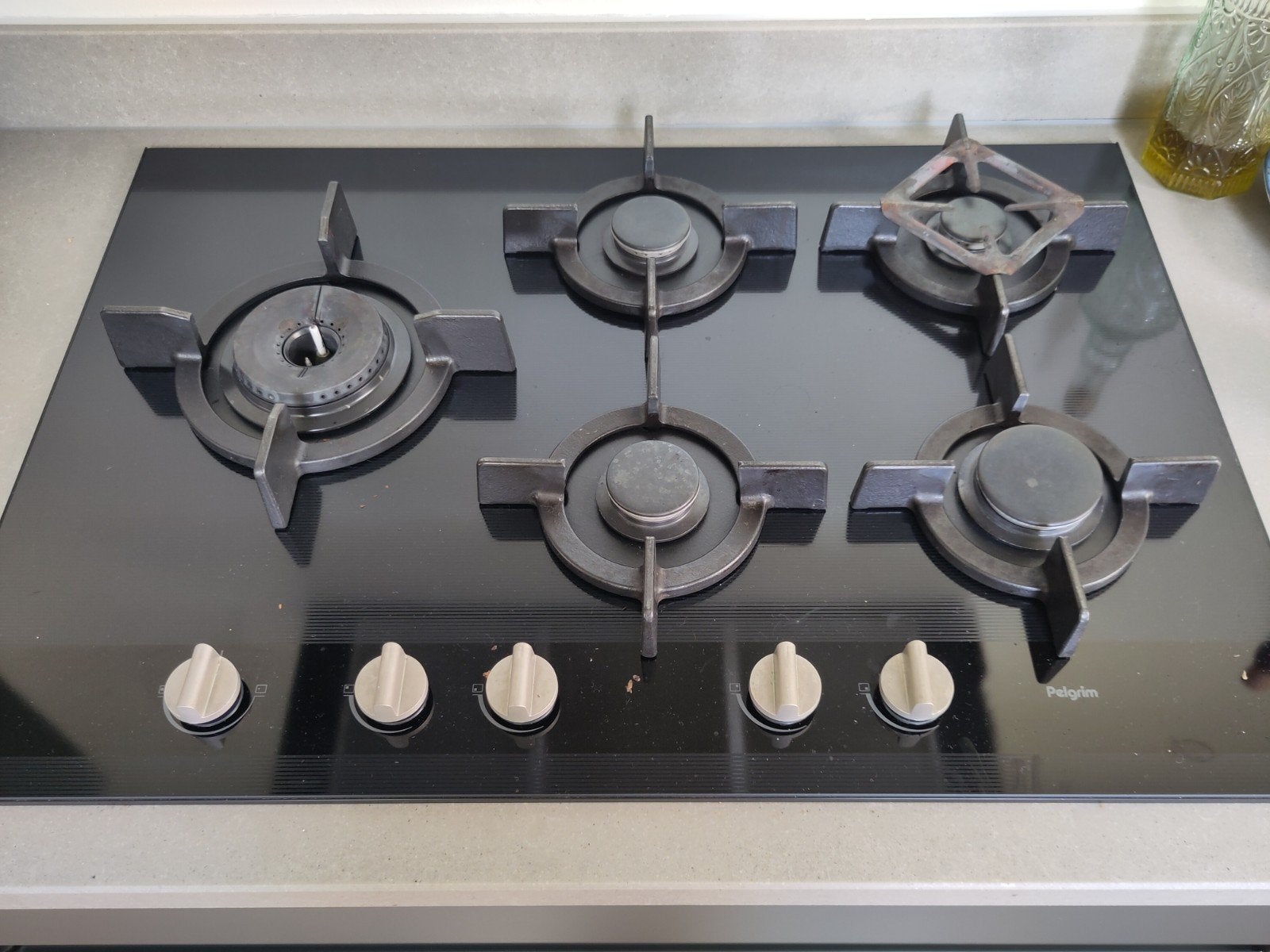 Pelgrim gaskookplaat met 5 pitten en wokbrander, Ophalen, Zo goed als nieuw, Inbouw, Gas