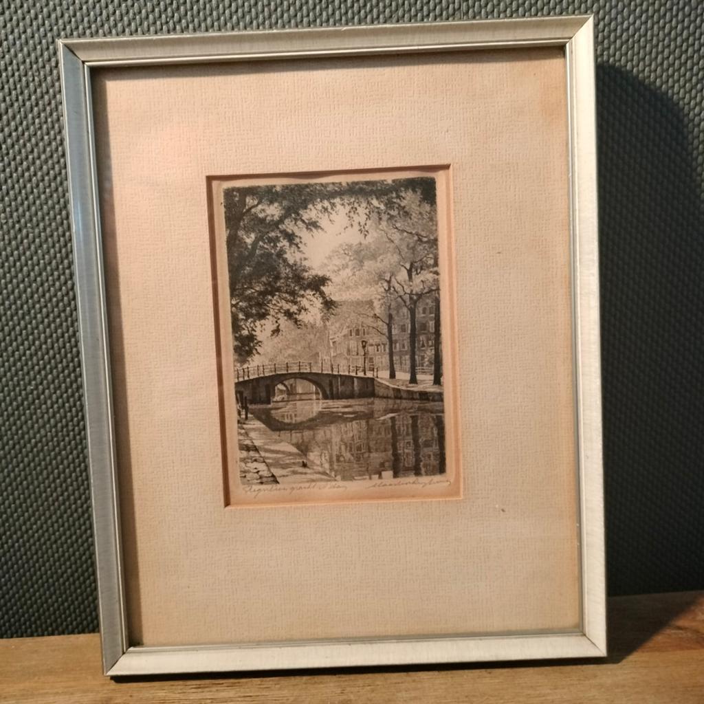 Ingelijste ets Reguliersgracht A'dam Maarten Langbroek ., Ophalen of Verzenden