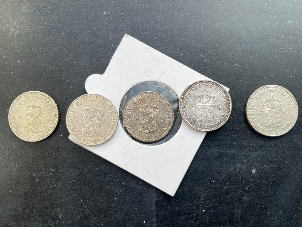 Set halve guldens (Opgestoken haar), Postzegels en Munten, Ophalen of Verzenden, Koningin Wilhelmina, ½ gulden, Zilver