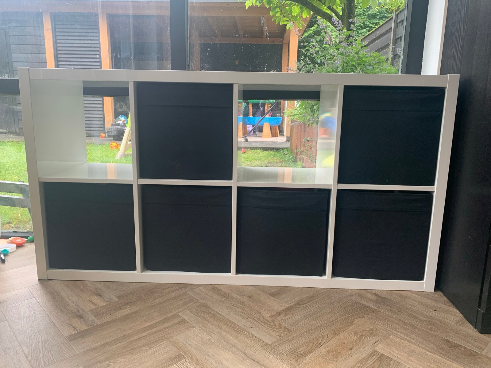 IKEA Kallax kast wit hoogglans met/zonder zwarte opbergboxen, Ophalen, Gebruikt