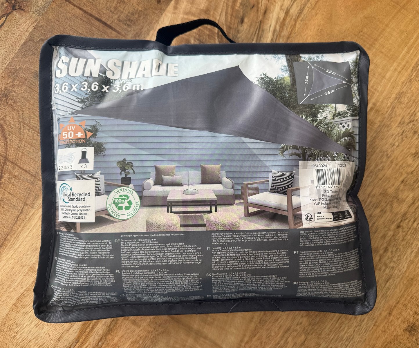 Sunshade 3.6x3.6x3.6m - Nieuw in verpakking, Tuin en Terras, Schaduwdoeken, Ophalen of Verzenden, Nieuw
