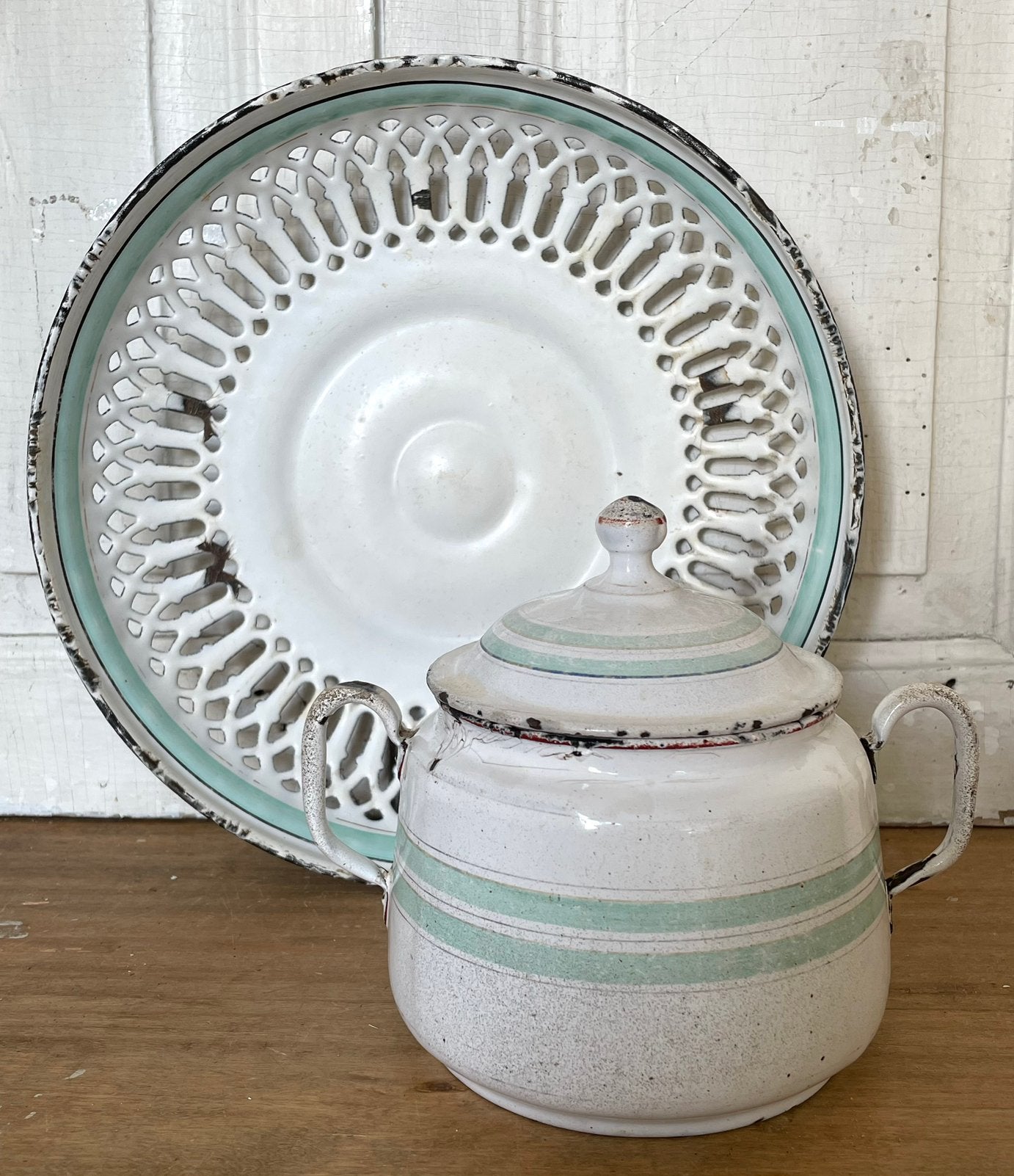 Emaille oude Franse suikerpot wit / mint groen, Ophalen of Verzenden