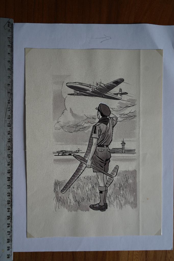 scouting aquarel jamboree 1937 schiphol vliegtuig, Verzamelen, Scouting, Gebruikt, Embleem, Speld of Insigne, Ophalen of Verzenden