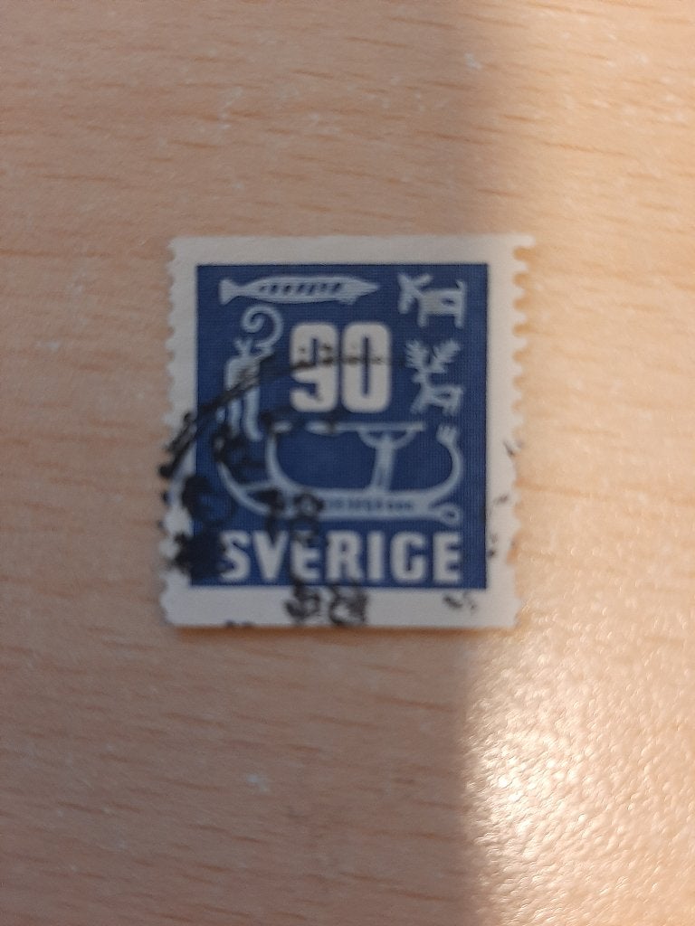 1954 Zweden rotstekeningen (petrogliefen) boot en vissen., Verzenden, Zweden, Gestempeld