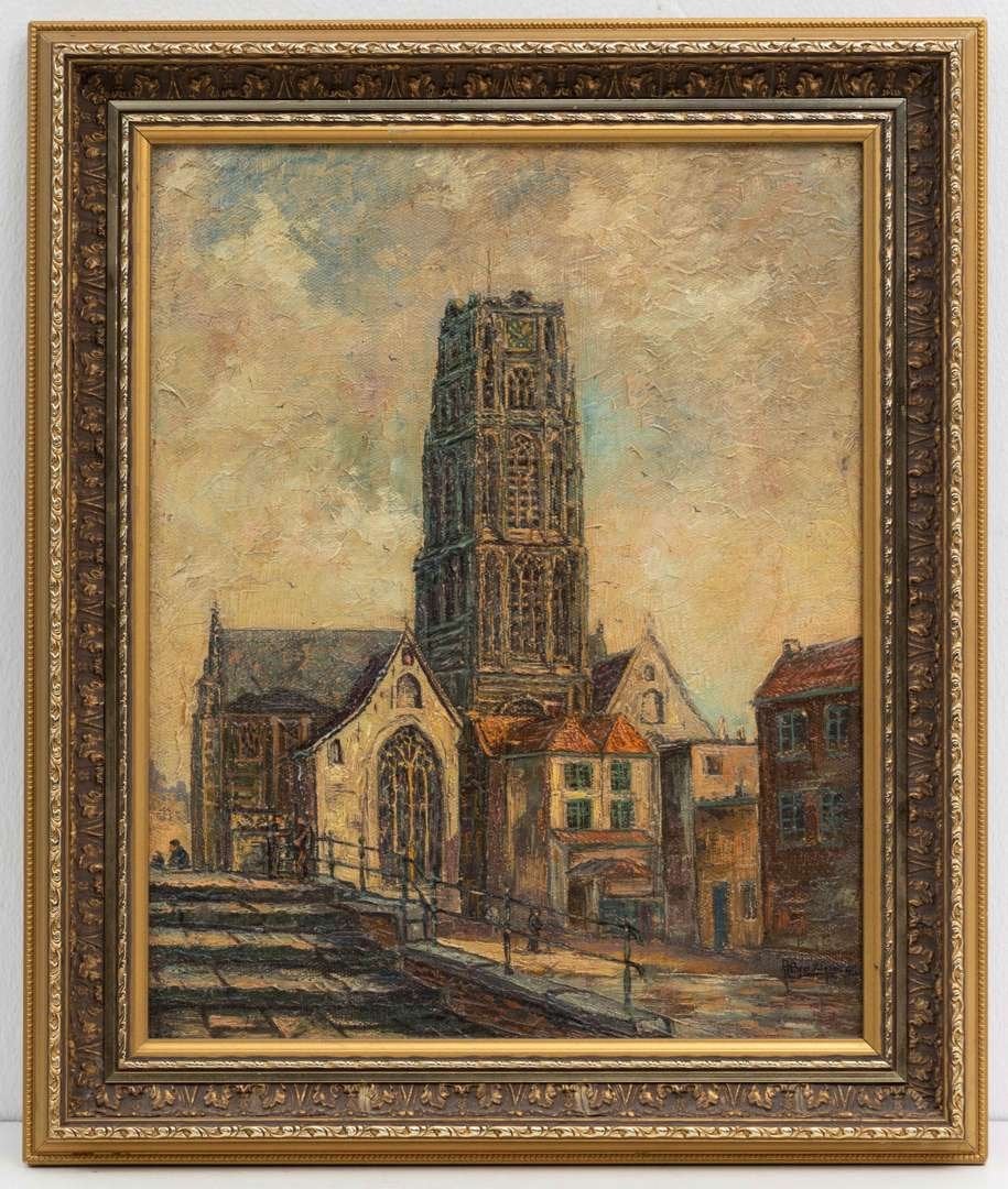 Jacobus H Brautigam (1911-1984) - Laurenskerk te Rotterdam, Doek, Realistisch, Ophalen of Verzenden, Gesigneerd