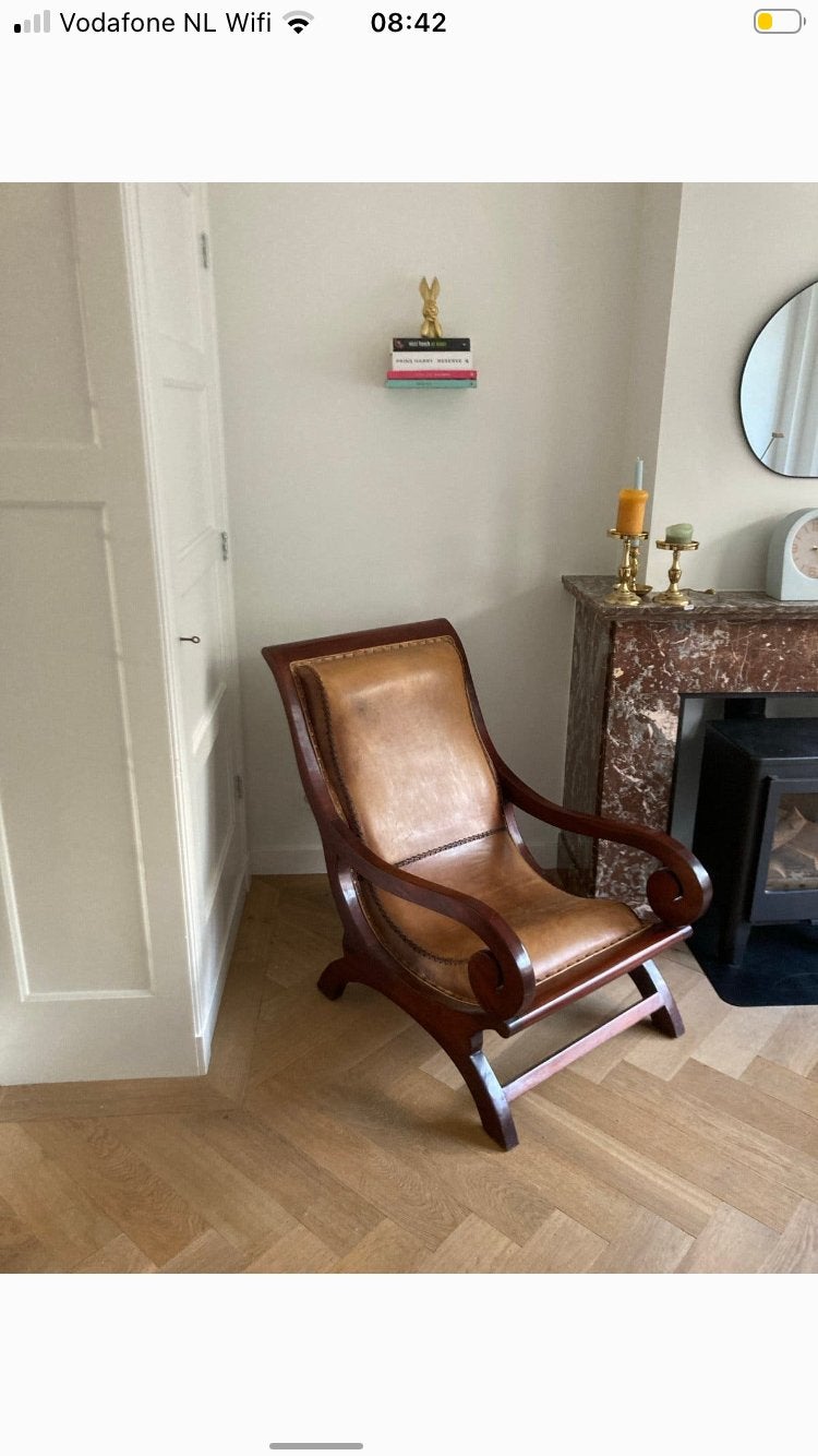 Antieke stoel fauteuil troon hout leer studentenkamer, Huis en Inrichting, Banken | Bankstellen, Ophalen