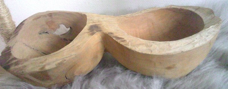 Primitieve houten robuuste schaal 2 bowls as one, Gebruikt, Overige typen, Ophalen of Verzenden, Overige vormen