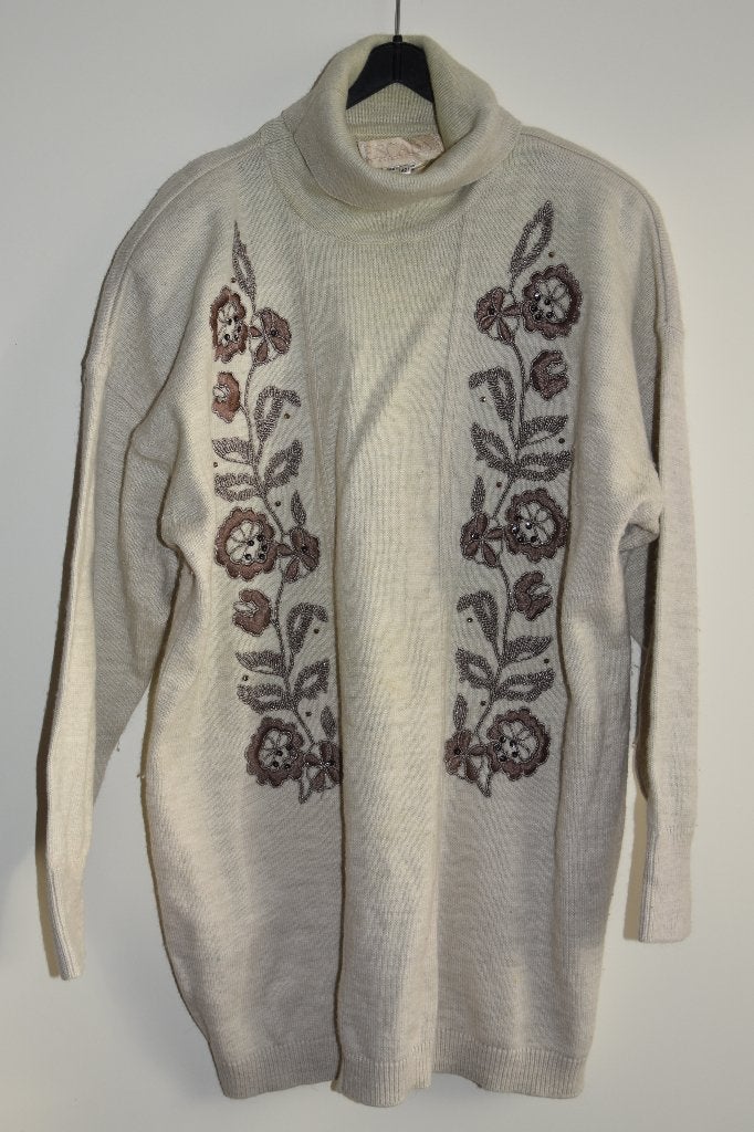 Wollen Escada trui met bloemen & broche maat 40 / 42, Verzenden, Beige, Maat 42/44 (L), Escada
