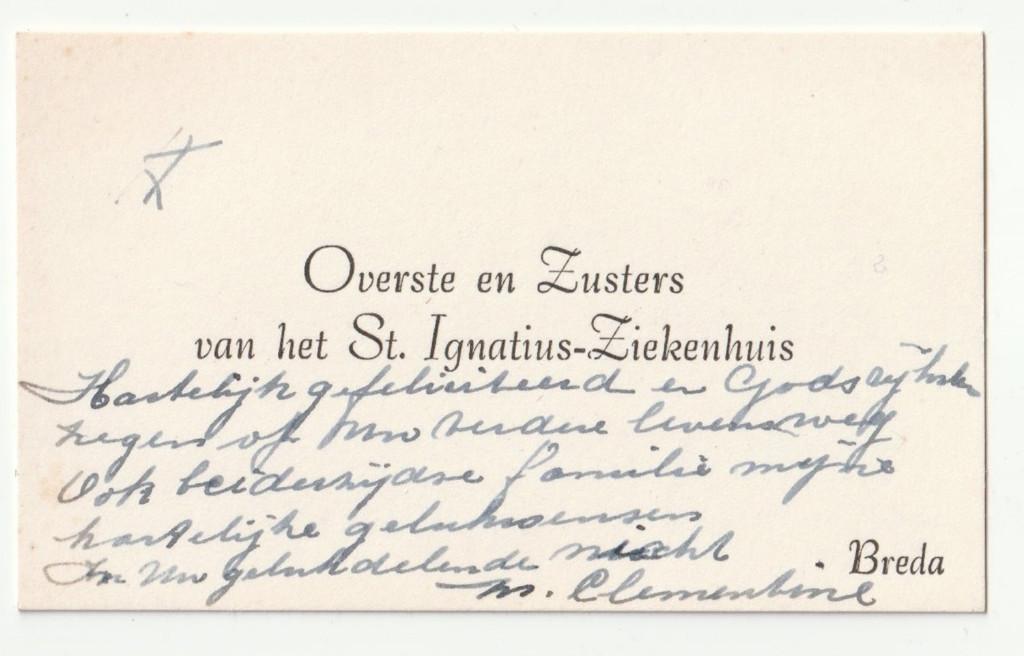 "visitekaartje" overste St. Ignatius Ziekenhuis Breda, Verzenden, Voor 1970, Visitekaartje